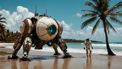 Wide tropical beach panorama at midday: a hulking egg-shaped