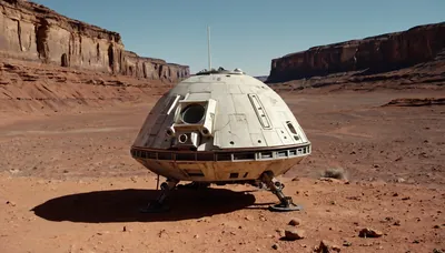 Wide cinematic of a weathered spherical white pod-lander, it