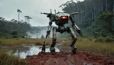 Wide shot of a tall bipedal utility mech, off-white ceramic 