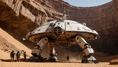 Establishing wide low-angle shot of a colossal four-legged A