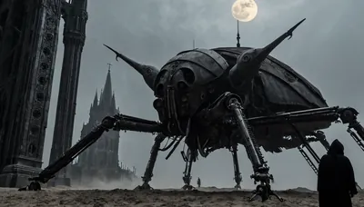 Low-angle dust-grey monochrome tableau of a colossal cathedr