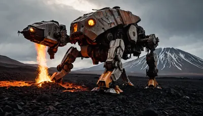 A towering bipedal war-mech with bulbous off-white armor pla