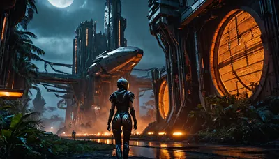 A regal female cyborg warrior in segmented scale-armor exo-s