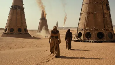 A lone hooded pilgrim in cream Bedouin-style robes and leath