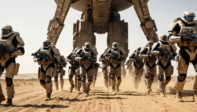 Wide low-angle of a squad of a dozen battle-worn soldiers in